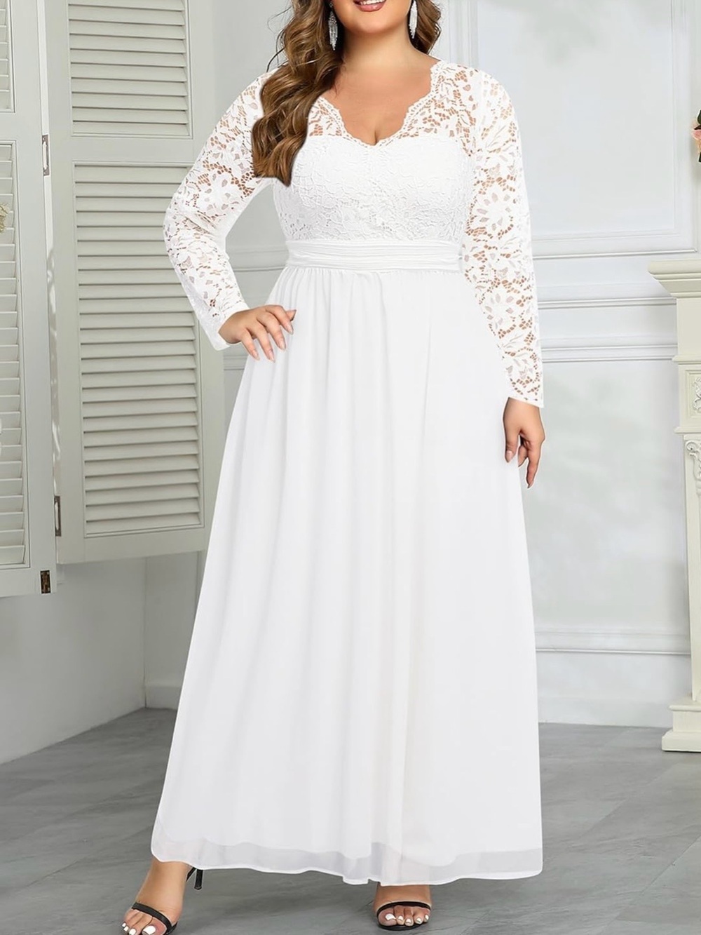 Talisea Wedding Plus Size 14W Formal  Bridal Long Sleeve Lace Chiffon Maxi Dress